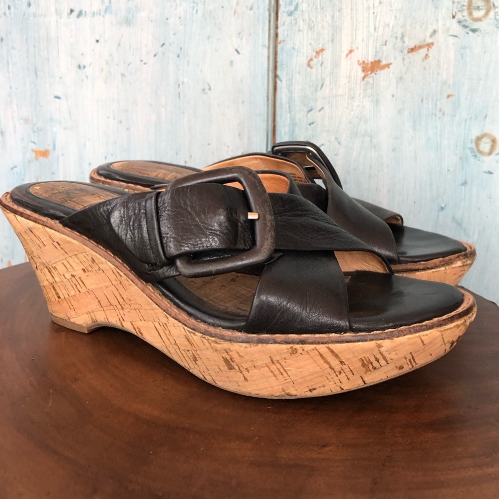 Sofft black leather wedge slides with buckle & cork-covered heel with gold - Picture 3 of 13